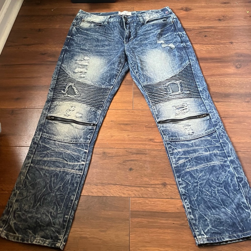 Bleecker and Mercer Blue Relaxed Fit Jeans with Distressed Moto Detailing